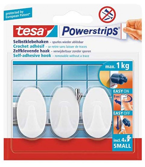 tesa Powerstrips Hooks Small OVAL - Removable Self-Adhesive Wall Hook for Glass