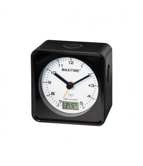Maxitime radio controlled alarm clock with snooze, light, digital second, date, temperature, black housing
