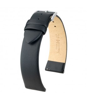 Hirsch Toronto L black calf leather watch strap 18 mm, Silver buckle, Ref. 03702050-2-18