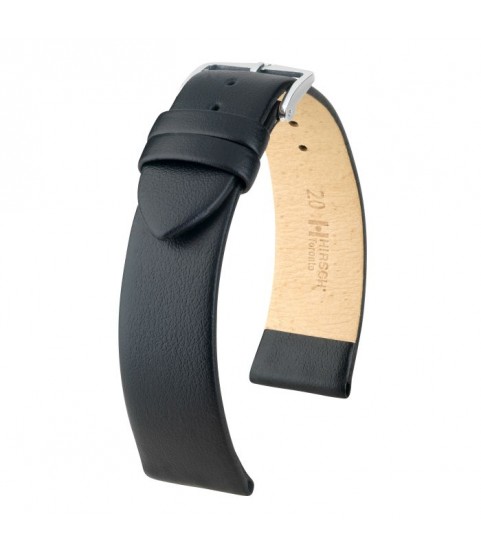 Hirsch Toronto L black calf leather watch strap 20 mm, Black Color Strap, Silver Buckle, Size 20mm L,  Ref.  03702050-2-20
