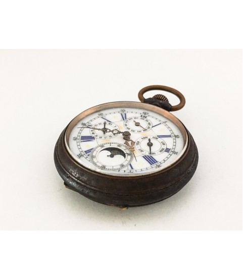 Antique Triple Calendar Moon Phase Goliath Pocket Watch Big 66.0 mm 1890s