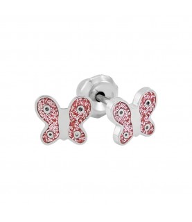 Inverness medical stainless steel 6mm, Butterfly Pink Enamel with crystal piercing earrings 008C