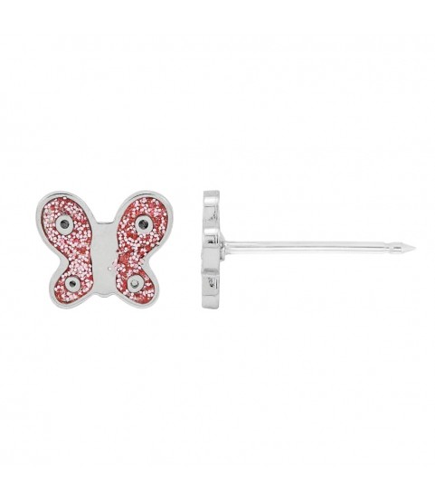 Inverness medical stainless steel 6mm, Butterfly Pink Enamel with crystal piercing earrings 008C