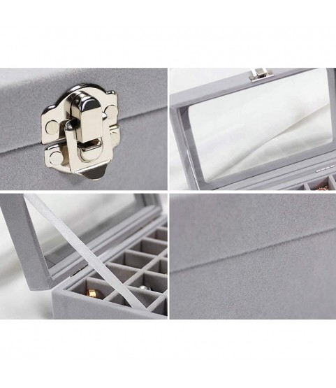 Gugita Grey Velvet Jewellery Box Organiser with Glass Lid
