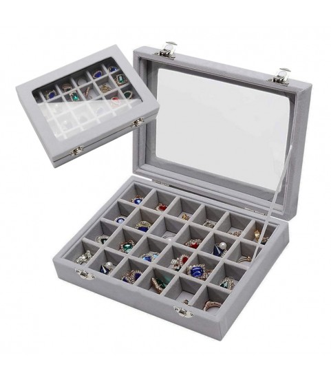 Gugita Grey Velvet Jewellery Box Organiser with Glass Lid