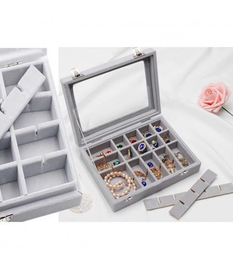 Gugita Grey Velvet Jewellery Box Organiser with Glass Lid