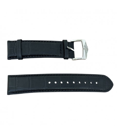 Bulova black leather watch strap with steel buckle, 22mm