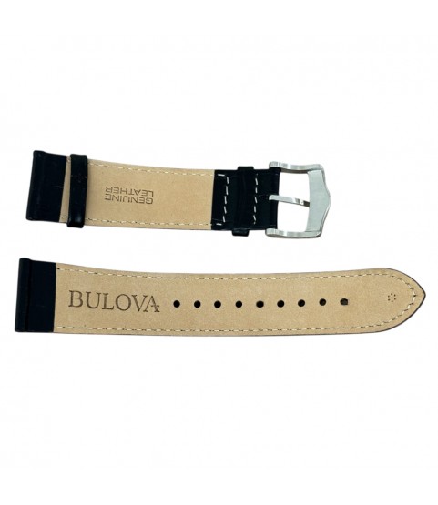 Bulova black leather watch strap with steel buckle, 22mm
