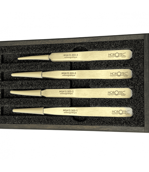 Horotec MSA12.388 Antimagnetic Tweezers Set No.1 2 3 5 904L Steel Wooden Box