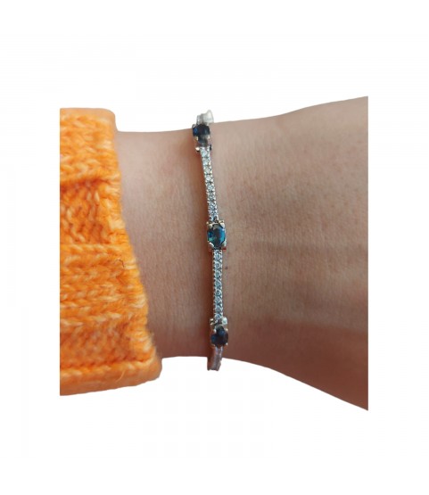 14k White Gold Tennis Bracelet with Diamonds and Blue Stones