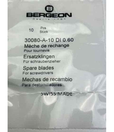 Bergeon 30080-A-10 DI 0.60 mm Steel Screwdriver Blades – Pack of 10