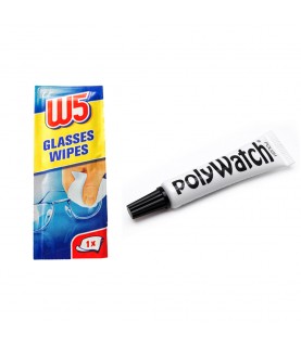 Polywatch polish plastic/acrylic watch glasses repair 5ml with W5 wipe cleaner