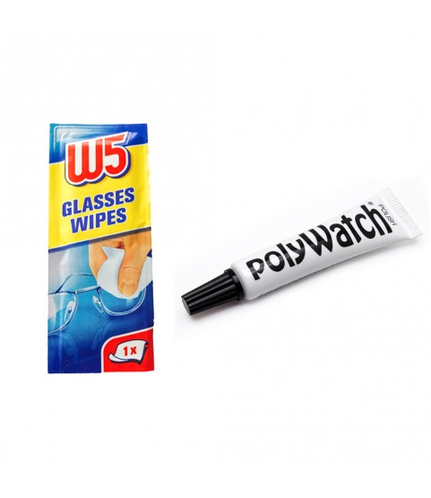 Polywatch polish plastic/acrylic watch glasses repair 5ml with W5 wipe cleaner