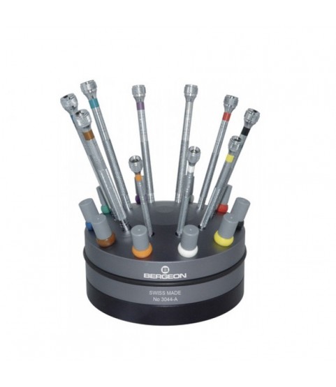 Bergeon 3044-A chrome screwdrivers on a rotating base 10 pieces with spare blades