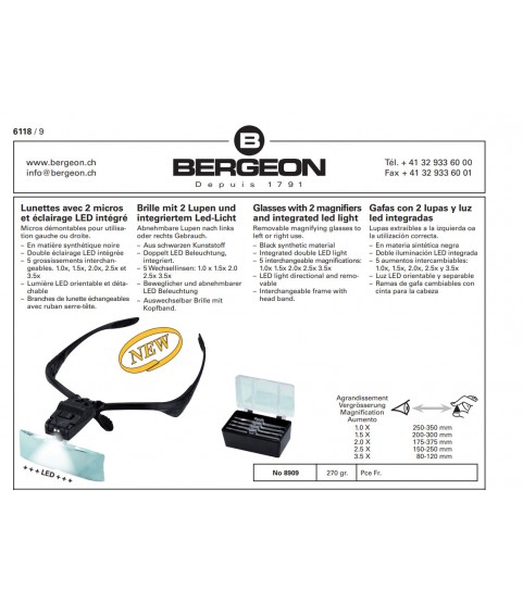 Bergeon 8909 glasses binocular magnifier LED light 1.0x, 1.5x, 2.0x, 2.5x and 3.5x