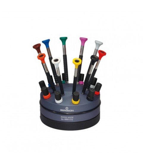 Bergeon 6899-S10 set of 10 ergonomic screwdrivers with spare blades on a rotating base