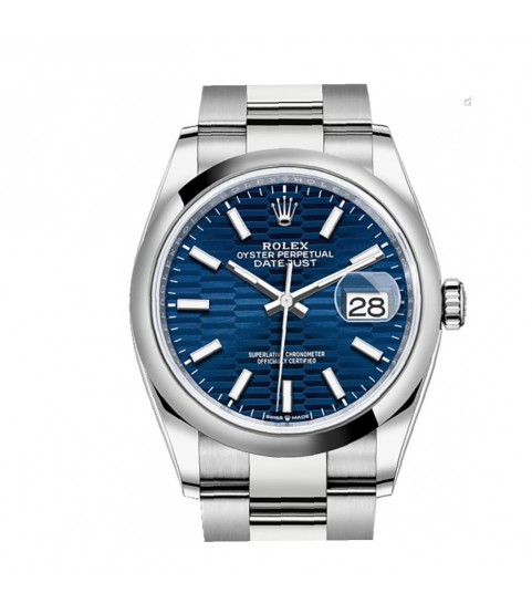 New Rolex Datejust 126200 Oyster unisex watch with bright blue, fluted motif dial 2021