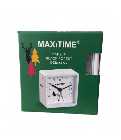 Maxitime Black Forest quartz alarm clock with light and snooze button, housing white, dial black