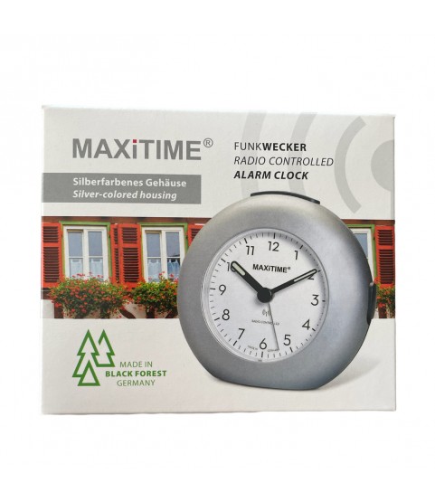 Maxitime radio controlled alarm clock with snooze, crescendo alarm, light, 2 hands, round silver housing