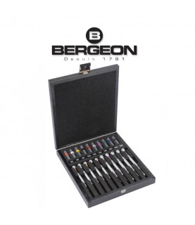 Bergeon 30080-A10 set of 10 chrome screwdrivers in wooden box with spare blades