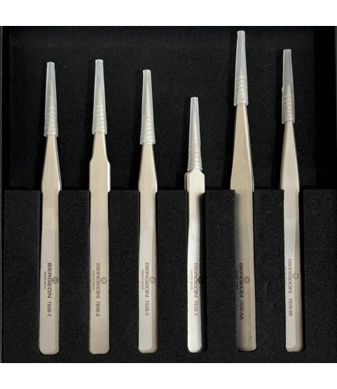 Bergeon 7026-AC6 set of 6 steel precision antimagnetic tweezers in box