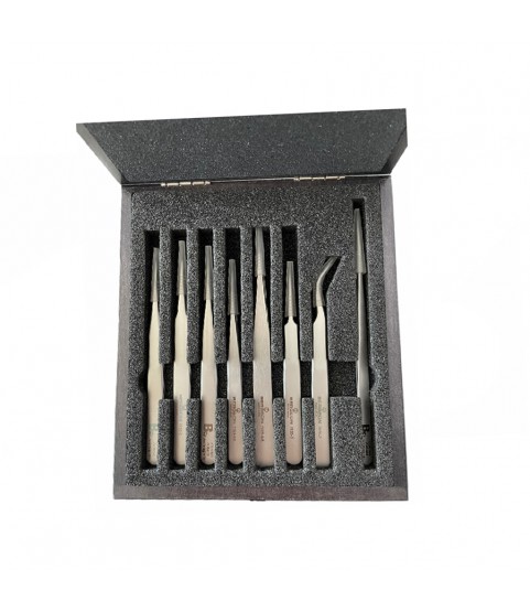 Bergeon 7026 set of 8 antimagnetic tweezers in wooden box