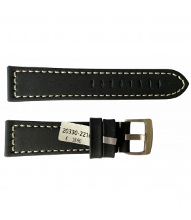 Leather black strap with white engraved thread smooth for watches 22mm