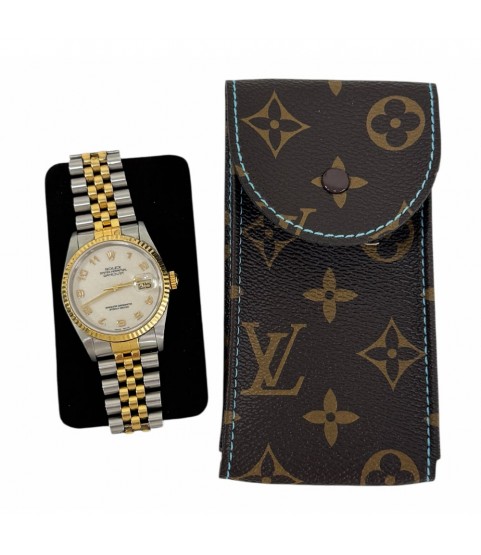 New Louis Vuitton watch brown leather pouch with blue stitching