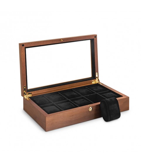 Watch collector box for 10 watches, walnut, matt, with window