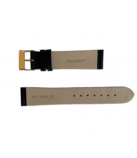 Waterproof black smooth leather watch strap with gold buckle 20mm